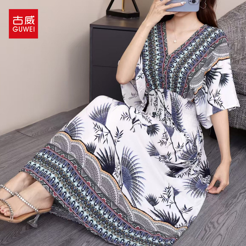 Thai Ethnic Style V-Neck Rayon Short-Sleeve Island Vacation Dress Xishuangbanna Outfit Travel Dress Summer