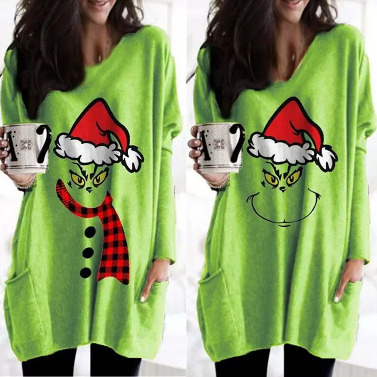2024欧美外贸圣诞节女装怪杰绿毛怪GrinchChristmas长款卫衣