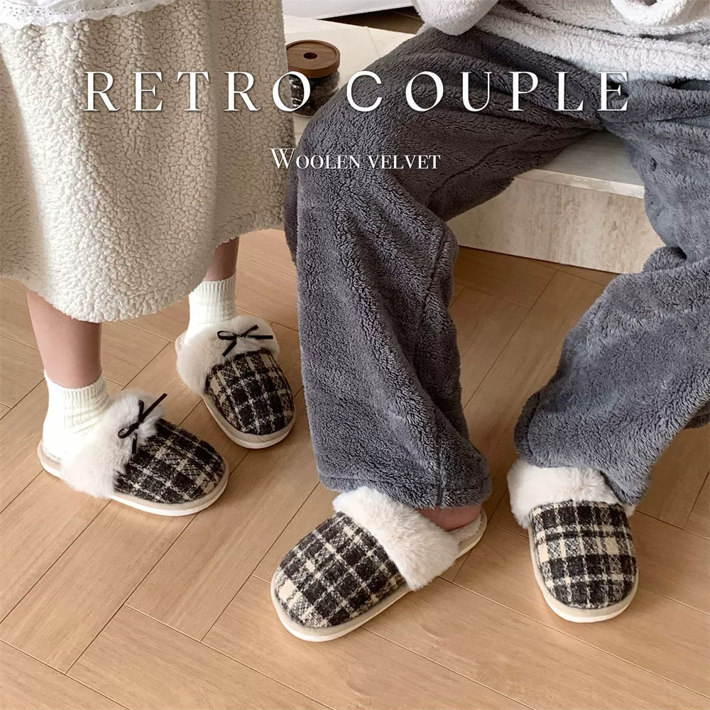 Пара в помещении теплая и удобная Baotou домашняя шерстяная обувь для девочек-подростков с бантами зимой толстые хлопчатобумажные тапочки для мужчин и женщин