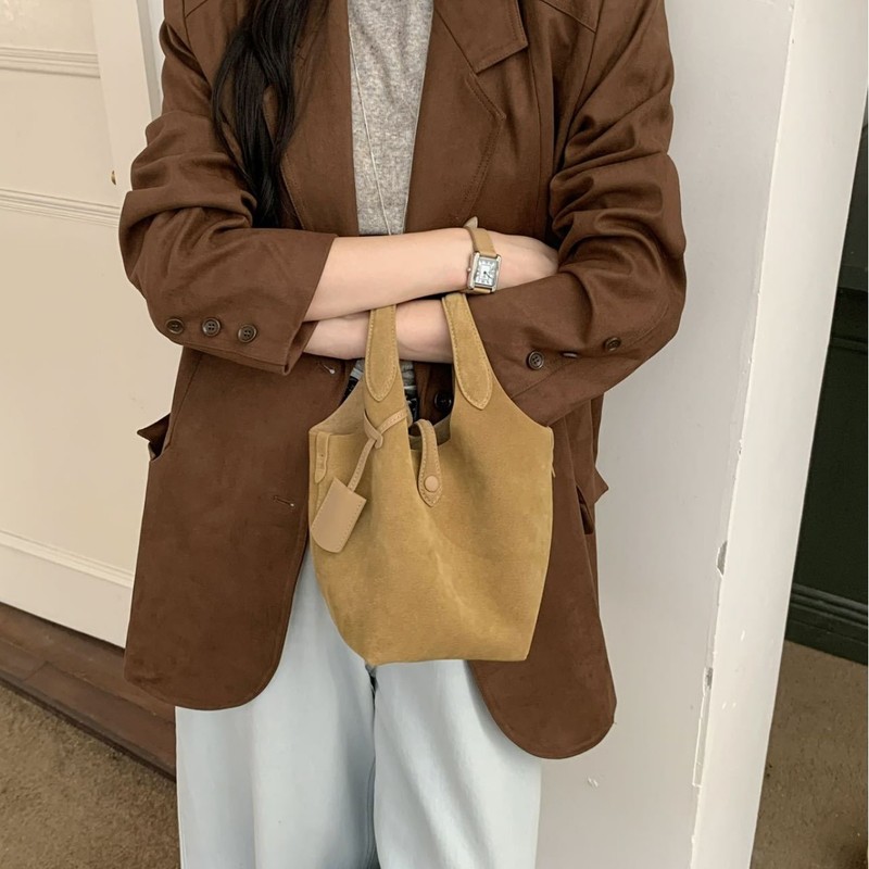 磨砂牛皮水桶包包女时尚精致上班手拎菜篮子包麂皮绒斜挎小托特包|undefined