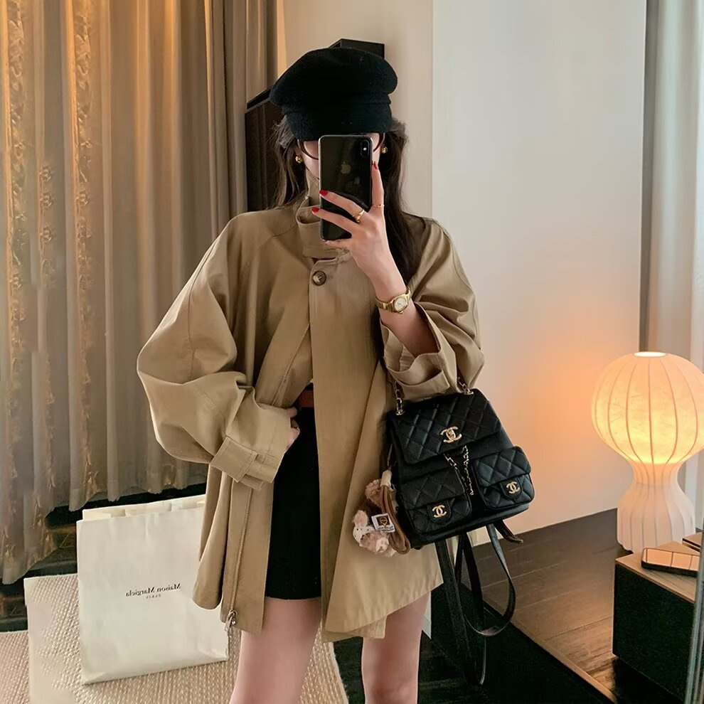 韩系英伦风卡其色立领斗篷小个子风衣外套女时尚感气质上衣潮