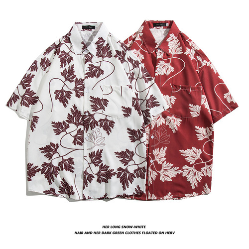 Tide brand niche Insta short sleeve collared shirt for men BF summer casual beach print shirt street loose half sleeve top