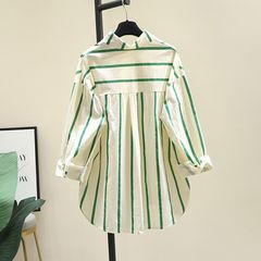 减龄绿色条纹衬衫女2025春秋新款韩版宽松休闲长袖衬衣防晒衫上衣