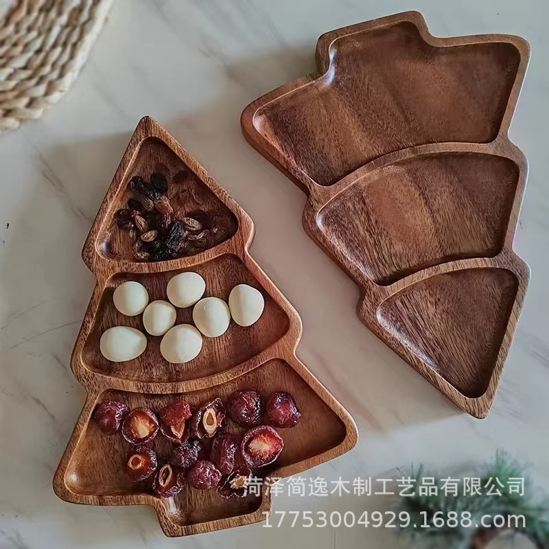 创意黑胡桃木圣诞树造型木质托盘儿童实木辅食家用分格餐盘干果盘