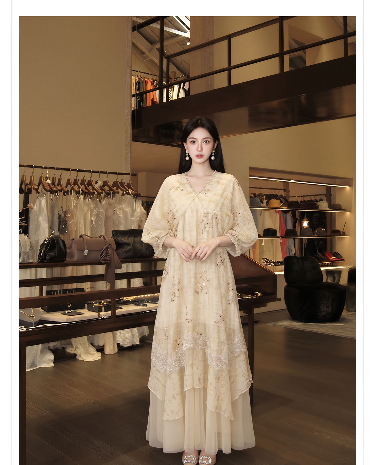 Đầm maxi nữ thắt eo phong cách Tân Trung Hoa, tay ngắn, cổ viền ren, thêu hoa tinh tế — màu trắng ngà chi tiết 10