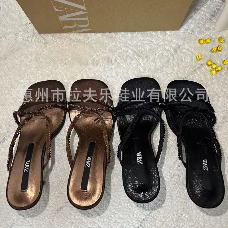 Za Spanish Summer New Women's Shoes Brown Shiny Beaded Rhinestone High-Heeled Sandals Women's Fashion Stiletto Sandals
