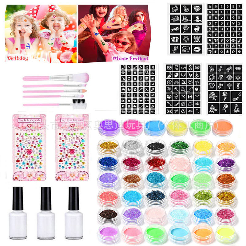 Cross-Border New Cartoon Glitter Tattoo Set, Semi-Permanent Small Tattoo, Colorfulful Template Stage Temporary Glitter Makeup