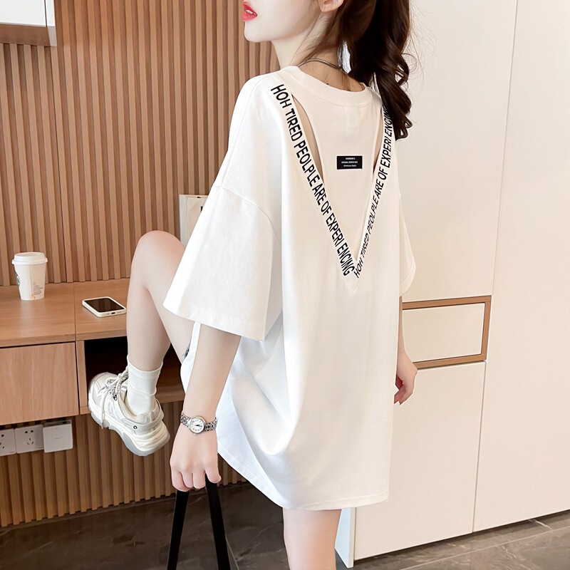 Beware Back Hollow-out Design Pure Cotton Loose Half-sleeve T-shirt Women's Korean-style Western-style Age-reducing Mid-length Trendy Top
