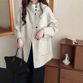 日韩休闲系带双面羊毛毛呢外套女宽松保暖纯色连帽气质小个子显瘦