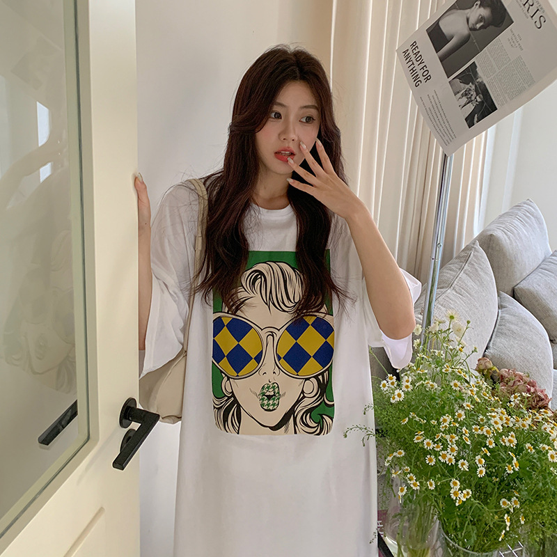 Korean Style Mori-Style Plus-Size Dress for Women, Summer Long Over-The-Knee Loose Fit, Slimming, Slit, Round Neck, Casual Work Dress
