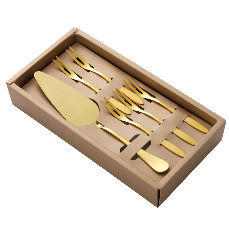 Transfronteriza pastel de acero inoxidable pala cuchillo de pan postre cuchara de cumpleaños decoración pastel cuchillo tenedor placa caja de regalo al por mayor traje