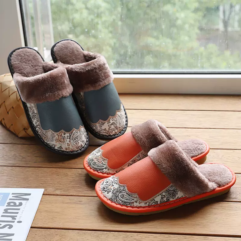 海宁真皮拖鞋防滑室内居家情侣男女冬季棉拖鞋时尚保暖厚底月子鞋