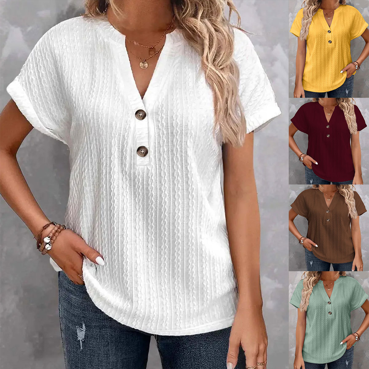 2024 Spring and Summer European and American Cross-Border Amazon Independent Station New Women's Fashion Casual Pure Color Button V Neck T-Shirt for Women
