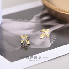 新款s925银镀金韩风锆石十字架耳钉个性简约迷你百搭十字耳环批发
