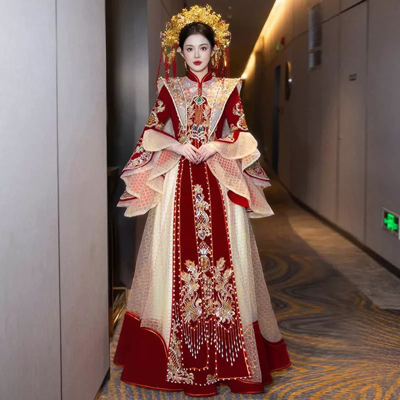 Новое высококачественное свадебное платье Xiuhefu 2025 с короной феникса и парчом, роскошное свадебное платье в китайском стиле для невесты.