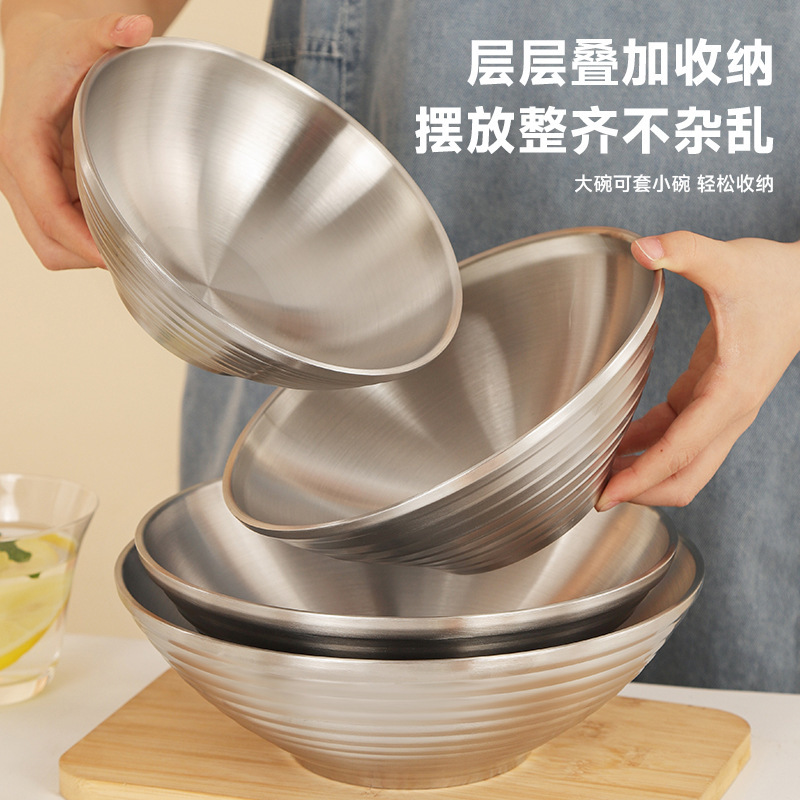 304 Stainless Steel Conical Bowl Ramen Bowl Japanese Cold Noodle Bowl Double-Layer Insulated Rice Bowl Threaded Bowl Trumpet Large Bowl Public
