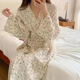 可爱卡通兔子长袖睡衣女春秋冬季日系和服睡袍浴袍中长款睡裙晨袍