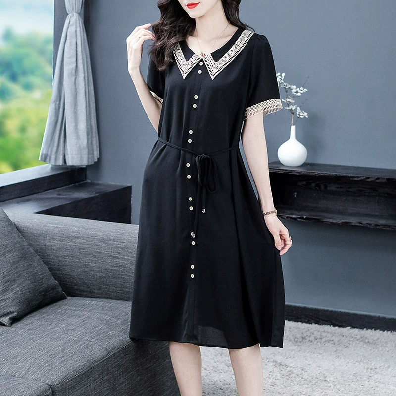 Летнее облегающее платье с короткими рукавами, уменьшающее возраст, свободное шифоновое платье с кружевной отделкой и принтом, одежда для женщин среднего возраста