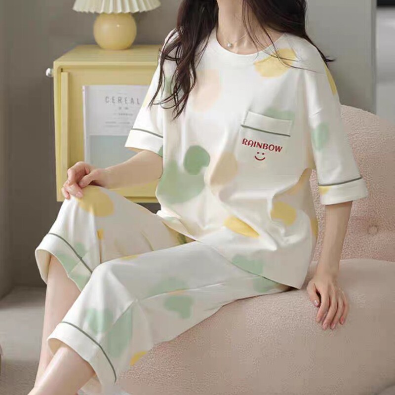 Summer Cotton Short-Sleeve Cropped Pajamas for Women, Plus Size, Extra Large, Suitable for Chubby Women, Can Be Worn Outside, Spring and Summer Homewear Set