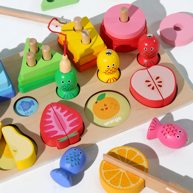 Montessori de madera para niños de tres en uno educación temprana juguetes educativos pesca corte música conjunto columna mano-ojo coordinación color cognición