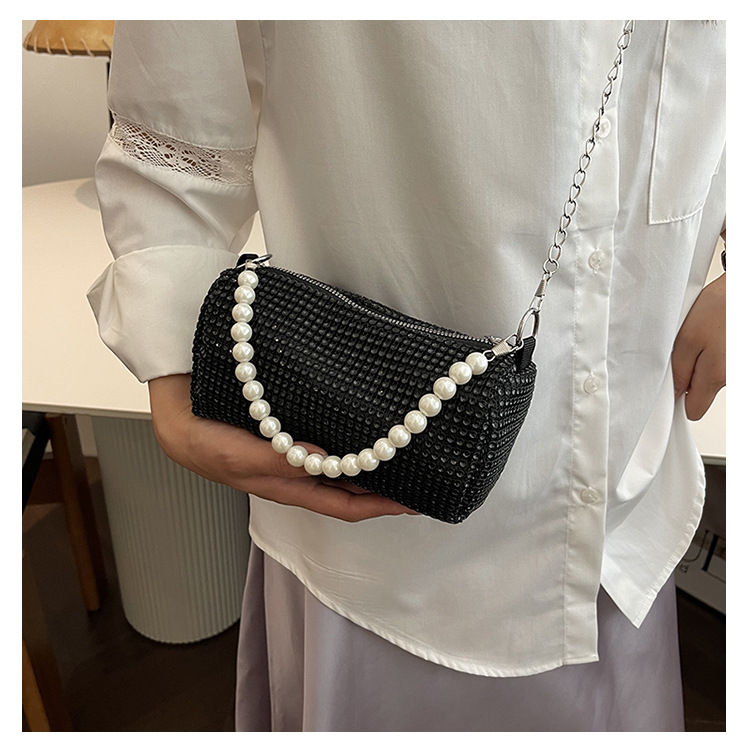 Borsa a tracolla Boston a mano con catena occidentale alla moda, nuova primavera/estate, con diamante lucido e perla sotto le ascelle_voghion.com