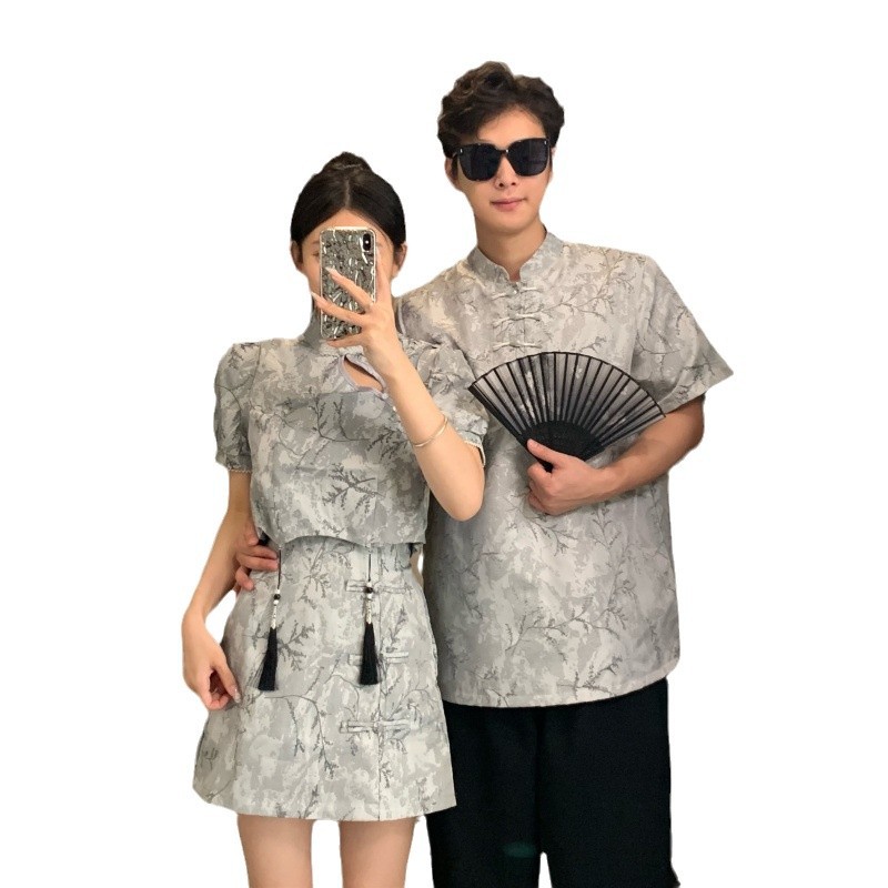 커플 여름 새로운 중국 세트 컬러 CHEONGSAM 여성의 짧은 소매 스커트 크로스 국경 머리카락
