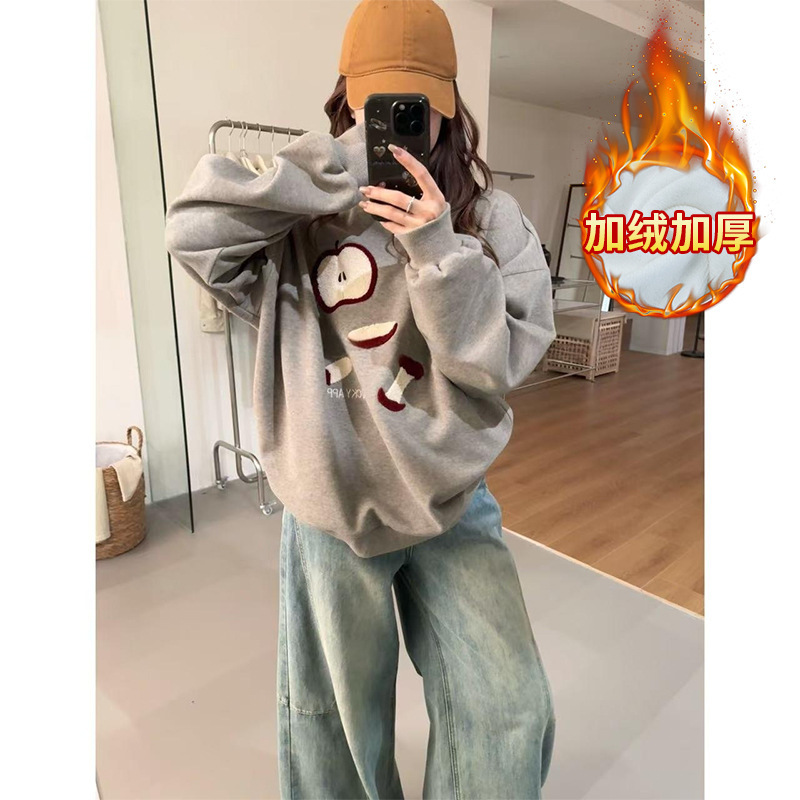 Plus-Size Women's Apple Embroidered Round Neck Sweatshirt for Autumn and Winter, Age-Reducing, Lazy Style, Loose and Slimming Top