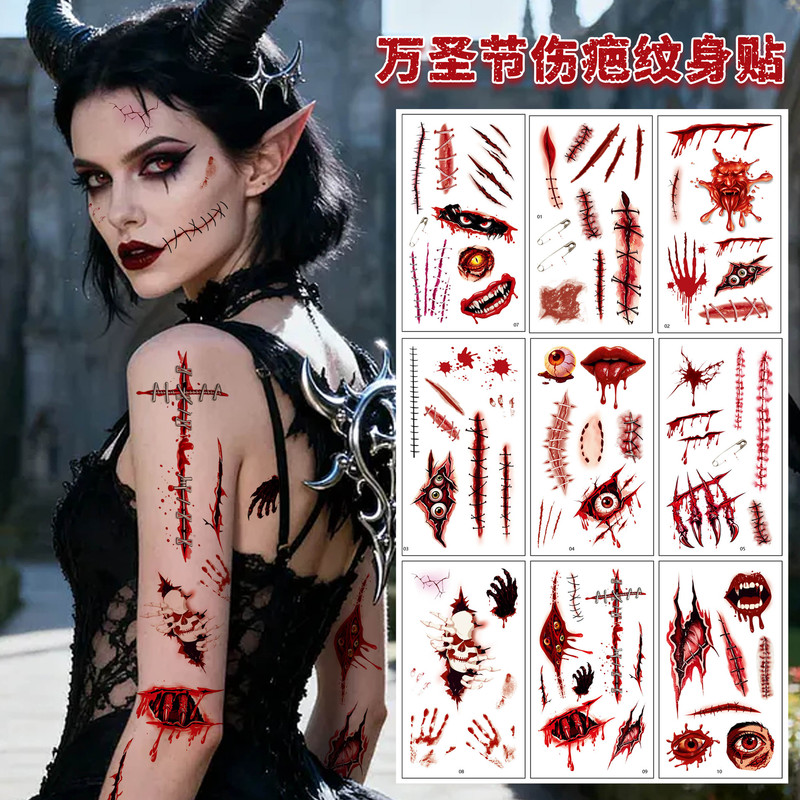 Amazon's Best-Selling Halloween Horror Tattoo Stickers, Realistic Scar and Bloodstain Makeup Temporary Tattoo Stickers, Customizable Amazon's Best-Selling Halloween Horror Tattoo Stickers, Realistic Scar and Bloodstain Makeup Temporary Tattoo Stickers, Customizable