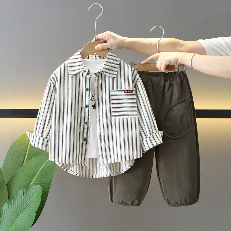 6144 Traje de otoño para niños 2025 Nuevo bebé Primavera y otoño Camisa casual coreana para niños Chaqueta de tres piezas