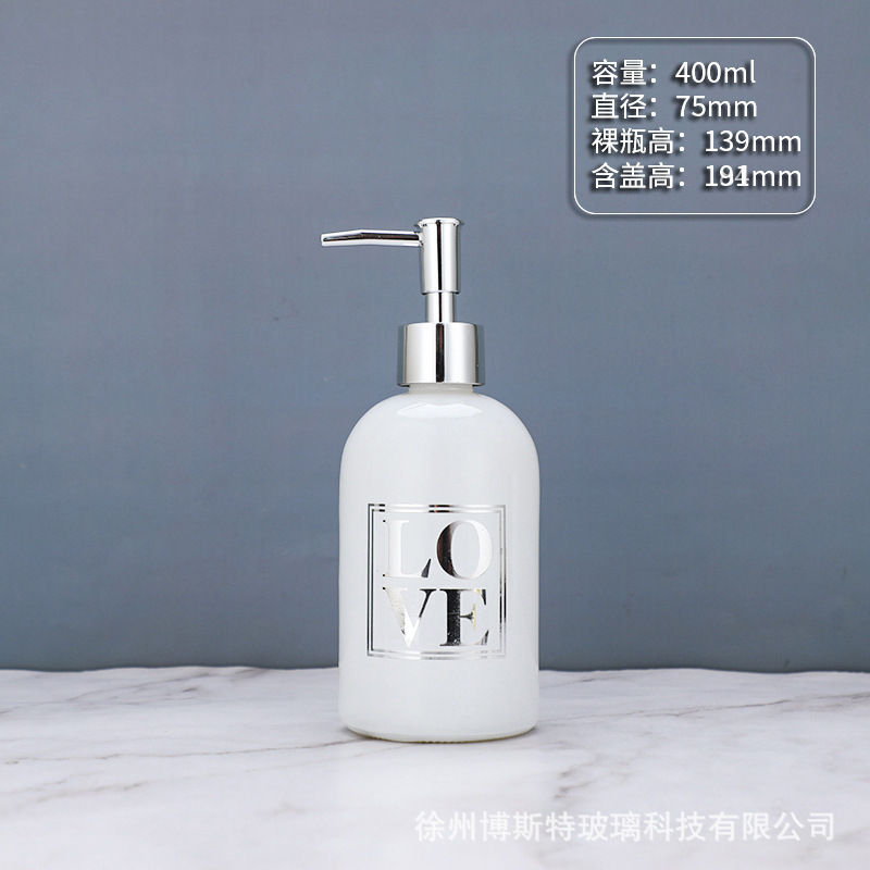 400ml; letras de botella blanca + prensa de cabeza de plata galvanizada ABS; vidrio