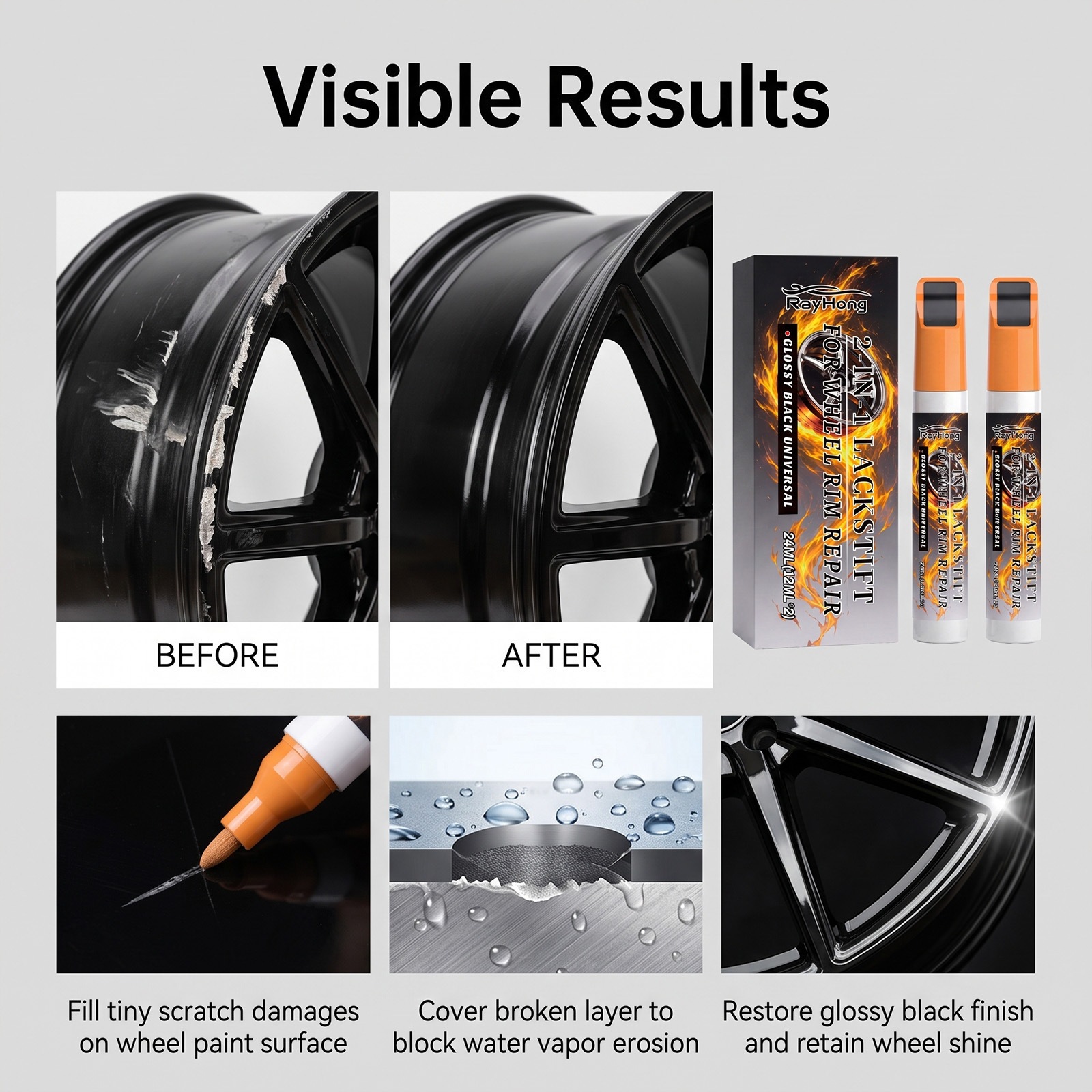 RAYHONG Wheel Scratch Repair Pen - Cleans, Removes Stains, Enhances Shine, Covers Scratches, Prevents Oxidation, Car Beauty and Maintenance