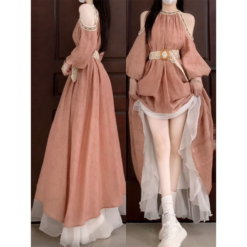 Bohemian Style Retro Off-Shoulder Halterneck Dress, Super Nice Elegant, Waist-Cinching A-Line Long Skirt for Women in Summer