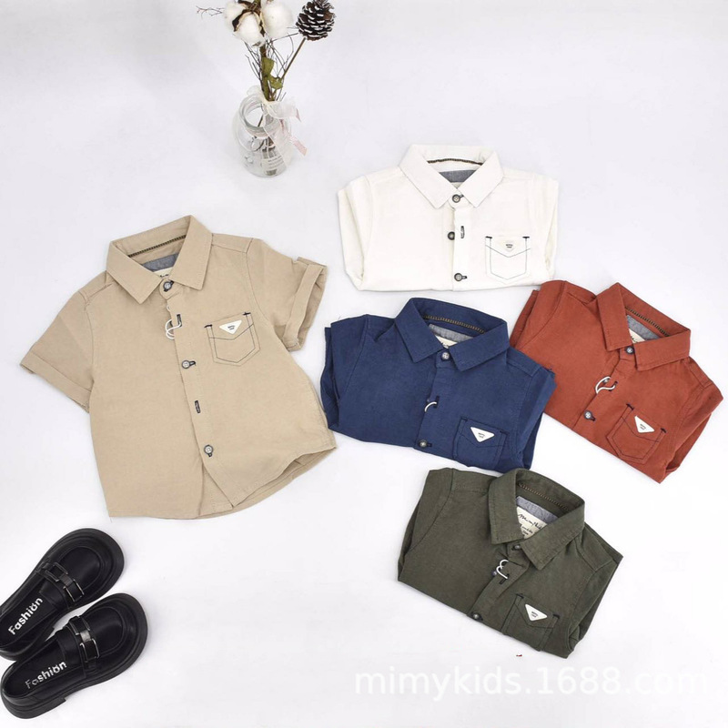 2025 Summer Mimy Solid Color Lapel Short Sleeve New Boys' Rolled Sleeve Button Design Shirt for Children 36604