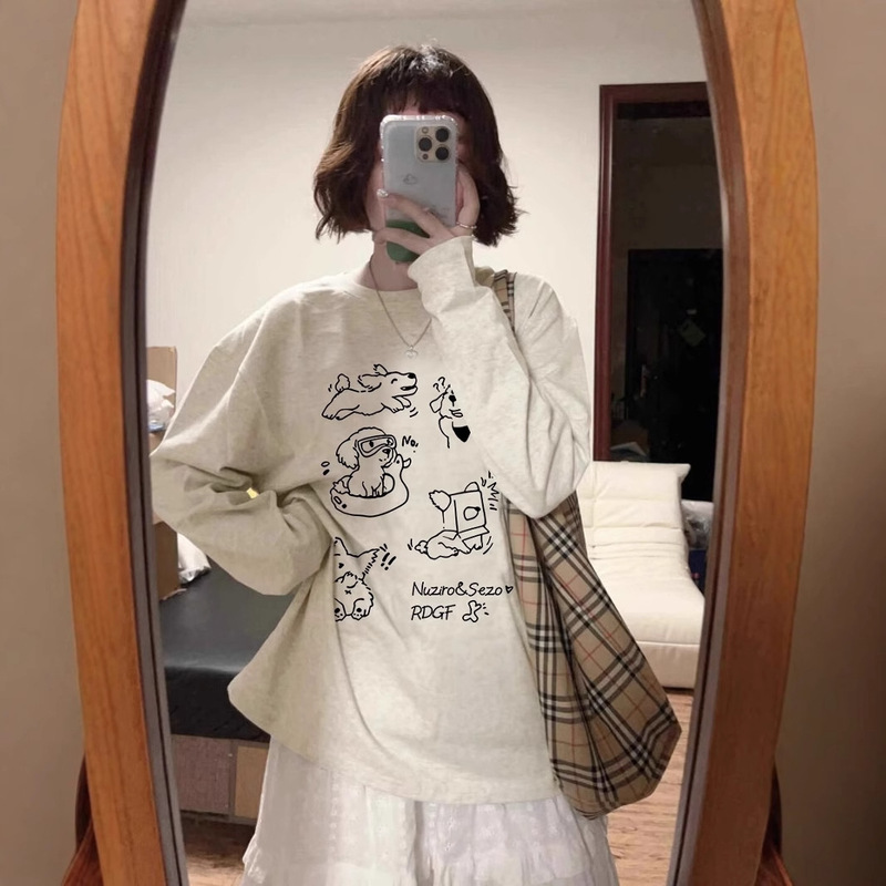 Designed Cute Cartoon Dog Loose Round Neck Bottoming Long-Sleeved T-Shirt for Women Autum New Chic Casual Top