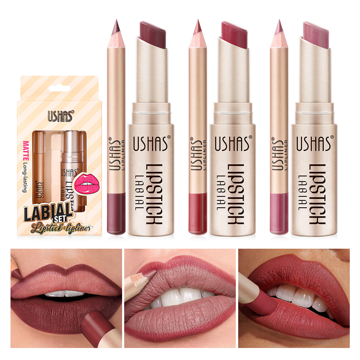 USHAS Europa y los Estados Unidos en stock transfronterizo lápiz labial + lápiz labial impermeable a prueba de agua permanente conjunto de lápiz labial US011