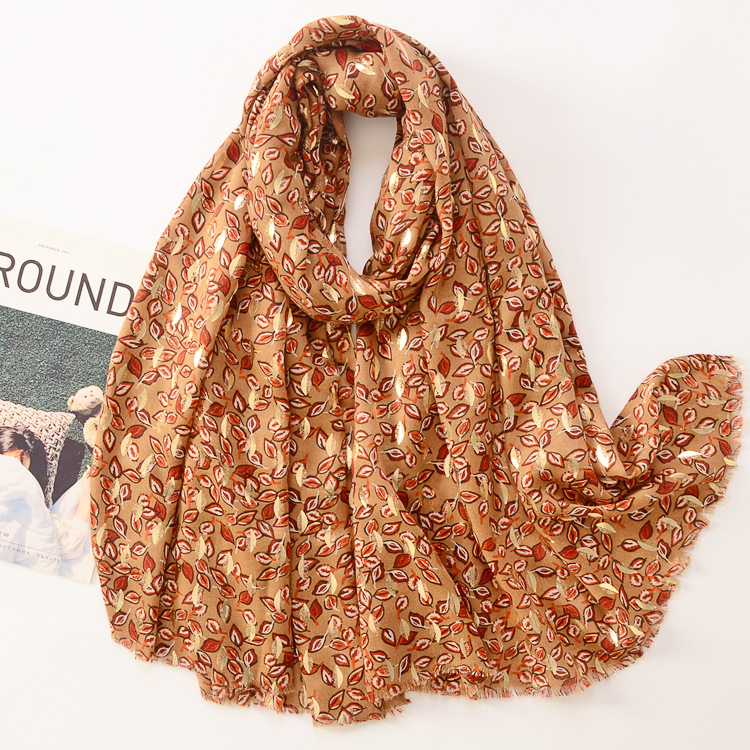 Otoño e invierno Nuevo Dorado hojas algodón y lino sensación bufanda de seda suave satén algodón moda chal viajes protección solar bufanda caliente