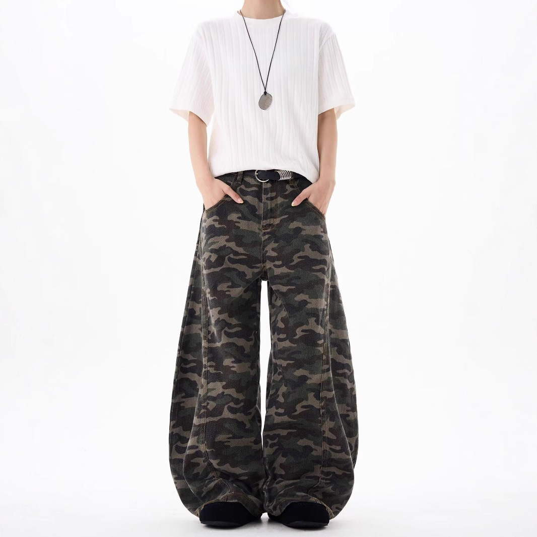 Jean cargo camouflage rétro, pantalon de travail à jambes larges, modèle multipoches pour hommes et femmes._voghion.com
