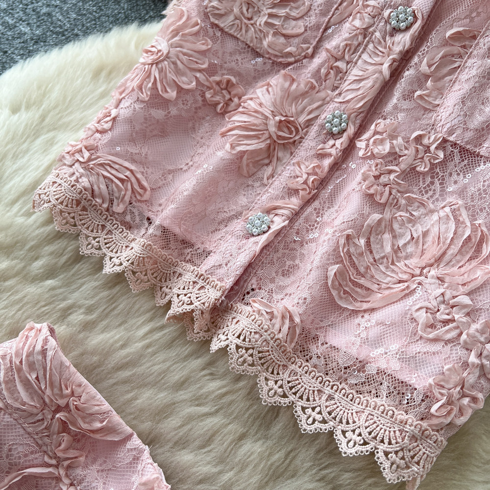 French Style Lace Patchwork Top And Skirt Set for Women Sexy Slimming Temperament Two-Piece Summer Outfit_ecoleips.com
