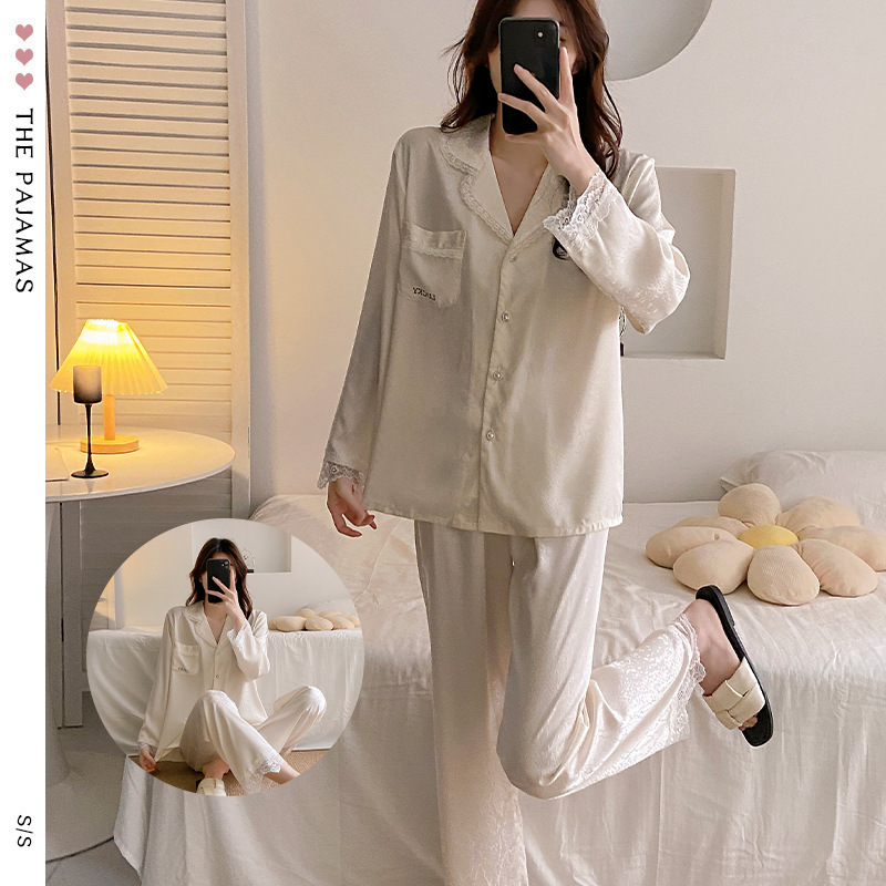 Lace Sexy New Satin Texture Silk Pajamas Ice Silk Stretch Pajamas Sleep Pants Women's Long Pants Two-Piece Set