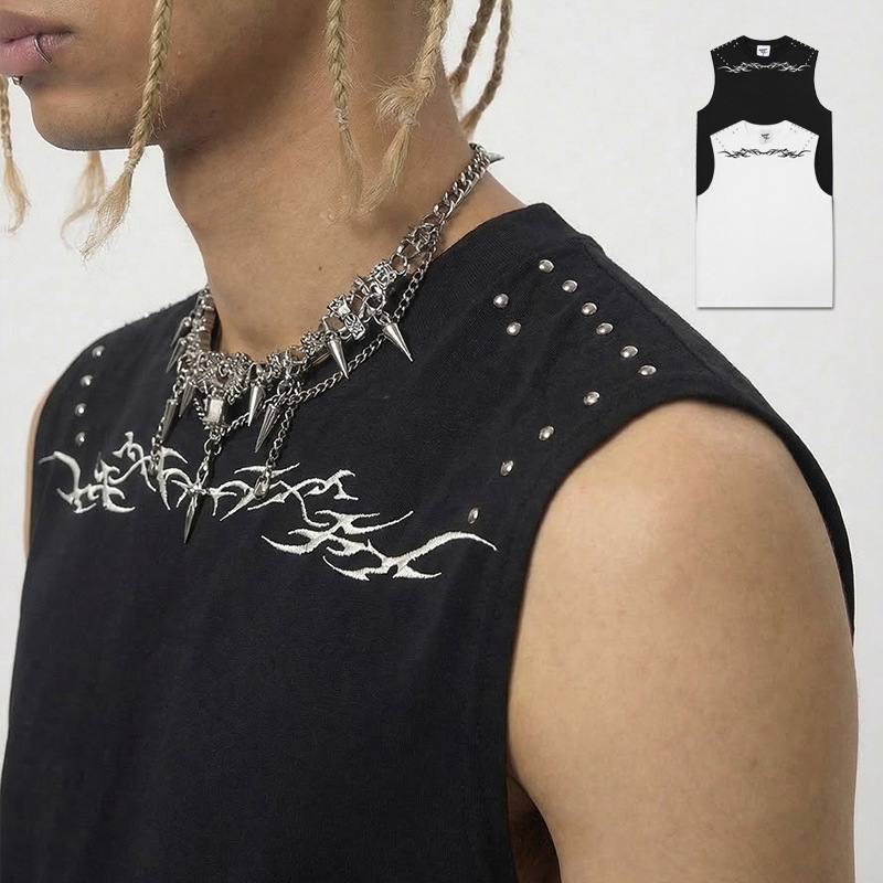 Savagebase Punk Hip-Hop Rivet-Decorated Niche Vest for Men and Women, Summer Letter Embroidery Sleeveless T-Shirt for Men Savagebase Punk Hip-Hop Rivet-Decorated Niche Vest for Men and Women, Summer Letter Embroidery Sleeveless T-Shirt for Men