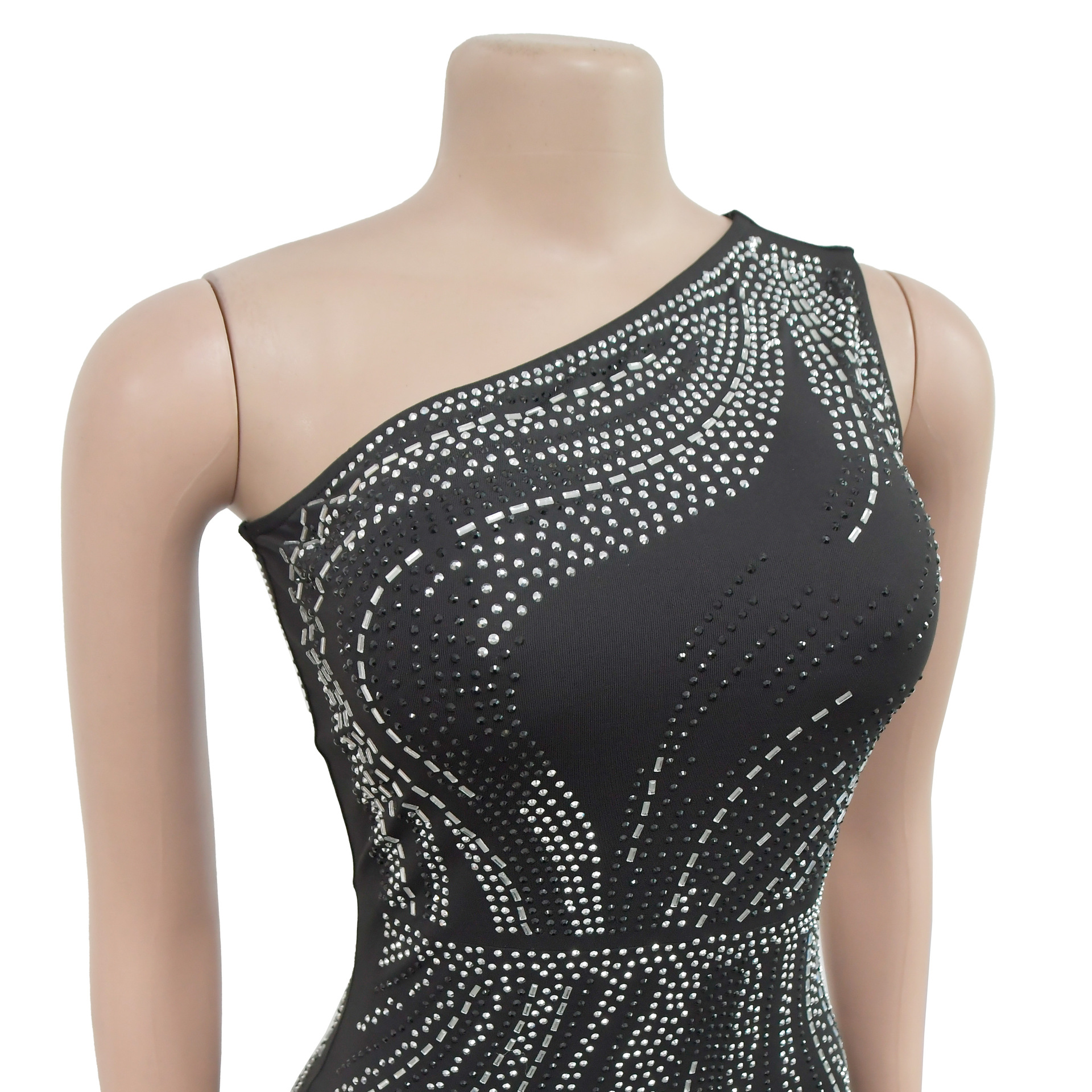Robe moulante ornée de strass pour femme – Robe de soirée sexy à manches longues, élégante et glamour._voghion.com