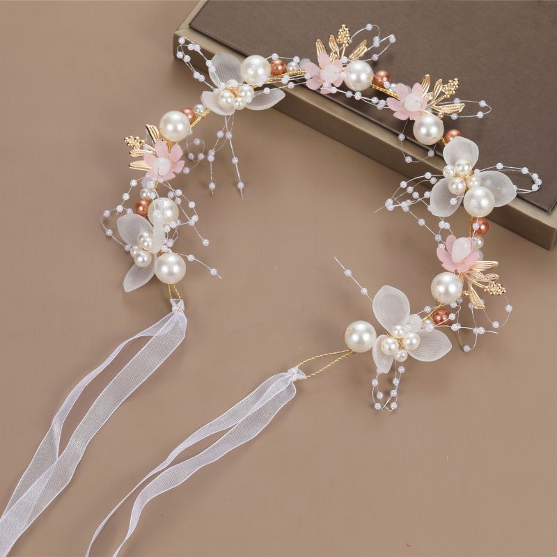 Diadema con corona de flores rosas estilo bosque, corona floral con perlas, corona nupcial, hermosa hecha a mano al estilo europeo. image 8