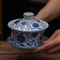 青花磁器陶磁器三才八宝茶蓋碗家庭用特大サイズの単一大茶杯茶碗三泡台