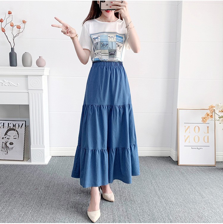 2024 Amazon Spring and Summer New Denim High Waist Joker Long Dress Retro Simple A- line Loose Waist Half