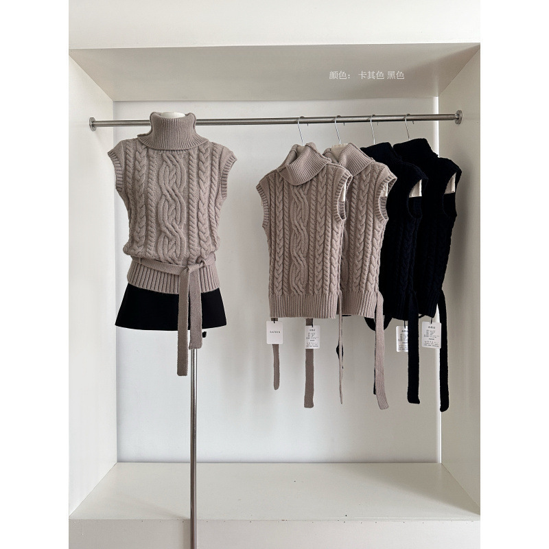Cross-Border 2025 Thick-Knit Three-Dimensional Cable Turtleneck with Small Flying Sleeves and Belt, Cable Knit Sweater Vest, Available in Two Colors, Black