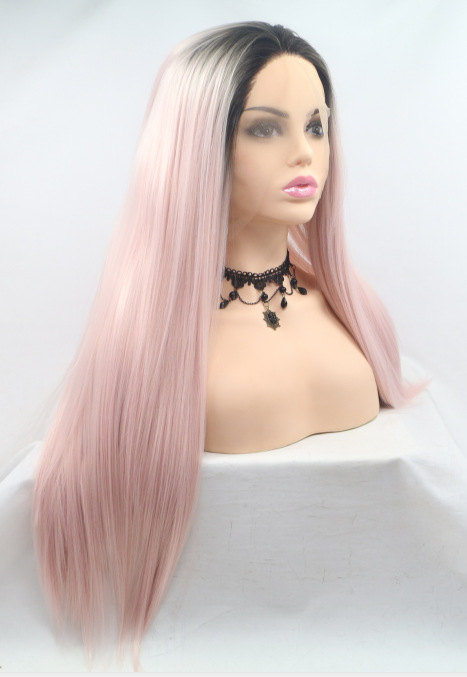 Europa y los Estados Unidos negro rosa pelucas rectas mitad de mano pelucas tejidas de fibra química frente encaje cubierta de cabeza al por mayor LW0325