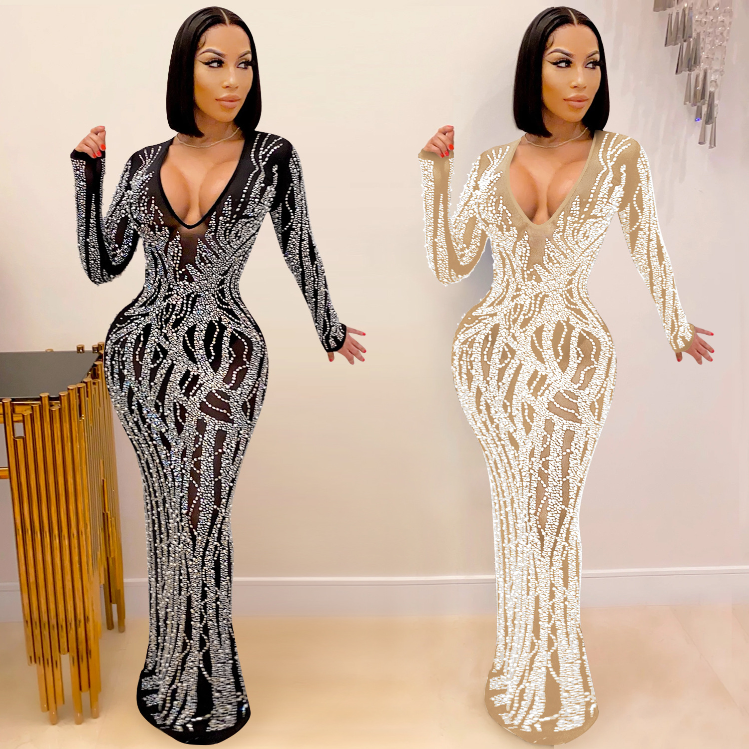 X5002 transfronterizo europeo y americano nuevo club nocturno sexy rhinestone diamante incrustado malla transparente brillante vestido de mujer