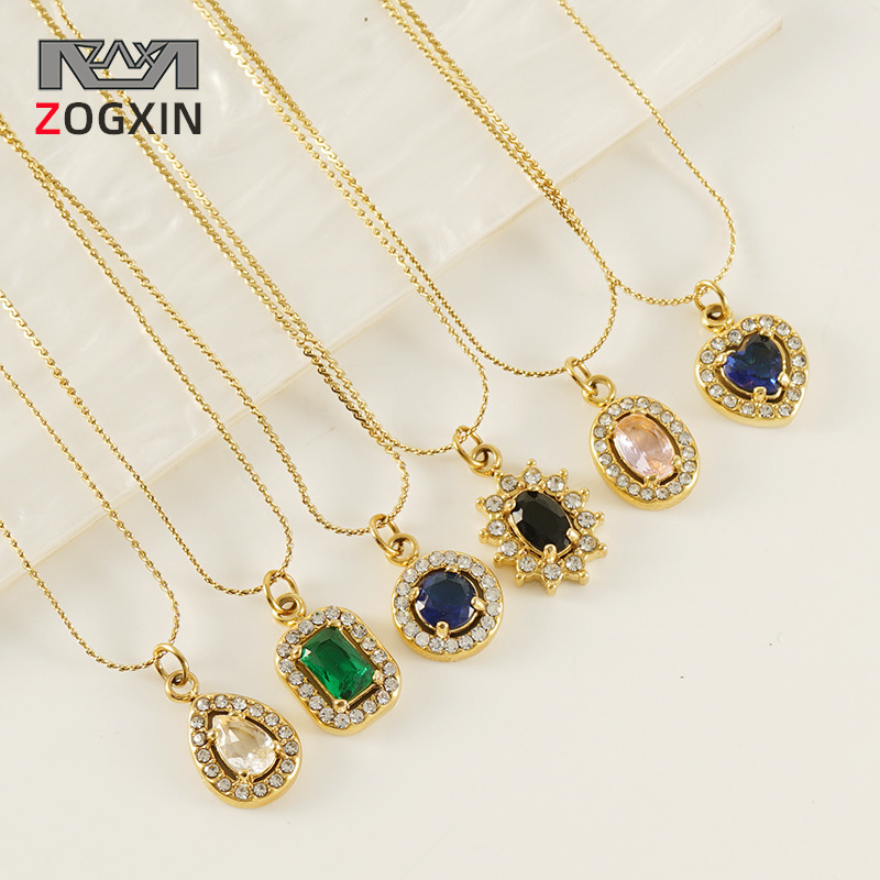 Estilo europeo y americano ins doble capa diamante titanio acero colgante luz lujo cuadrado circón collar femenino acero inoxidable s-en forma de clavícula cadena femenina