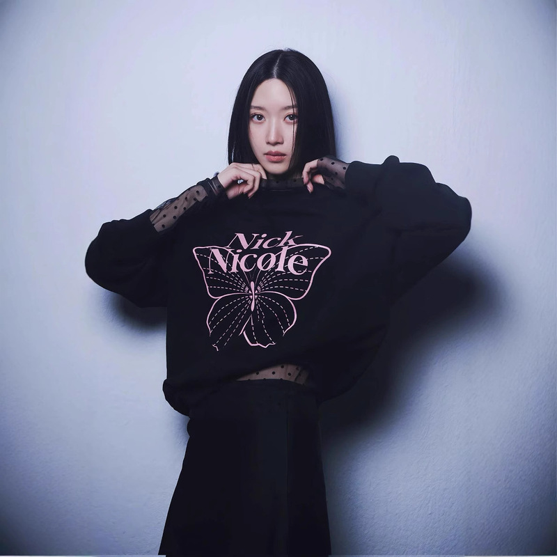 Spot Wen Jiayi's Same Style Korean Designer Trendy Brand Butterfly Print Loose Casual Round Neck Sweatshirt Women's Top