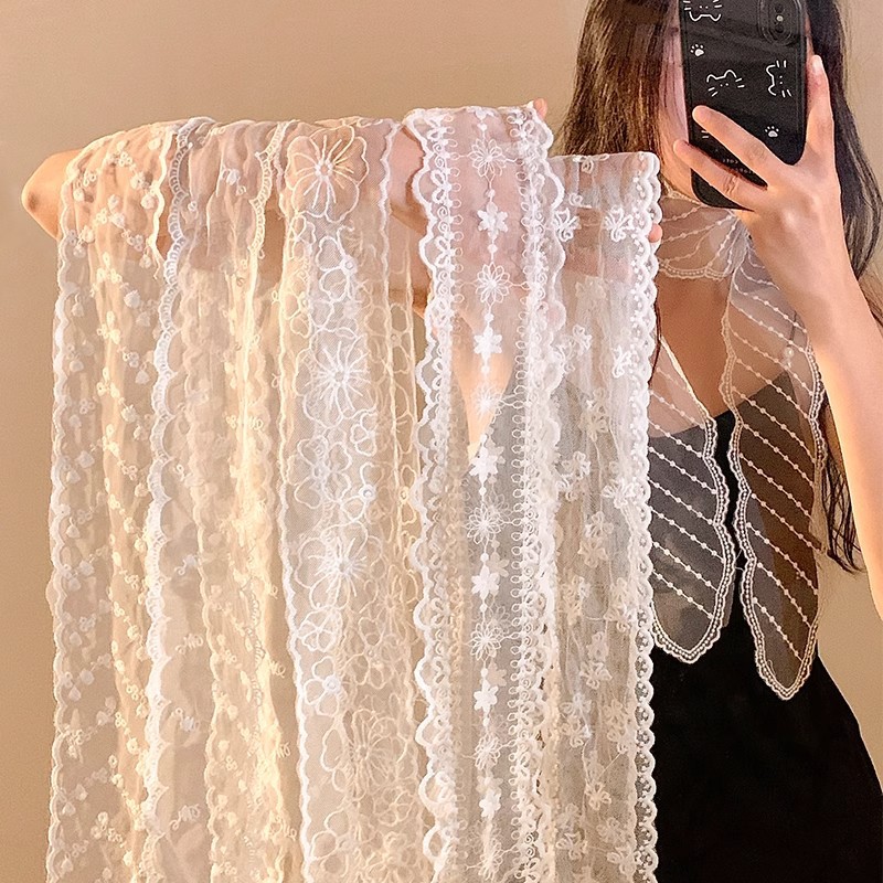 super fairy white floral lace long silk scarf women‘s high-grade all-match neck scarf 2025 new hair tie